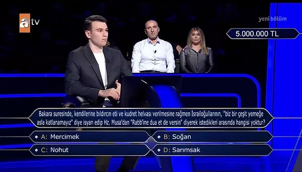 'Kim Milyoner Olmak İster?'de 5 milyon liralık soru açıldı